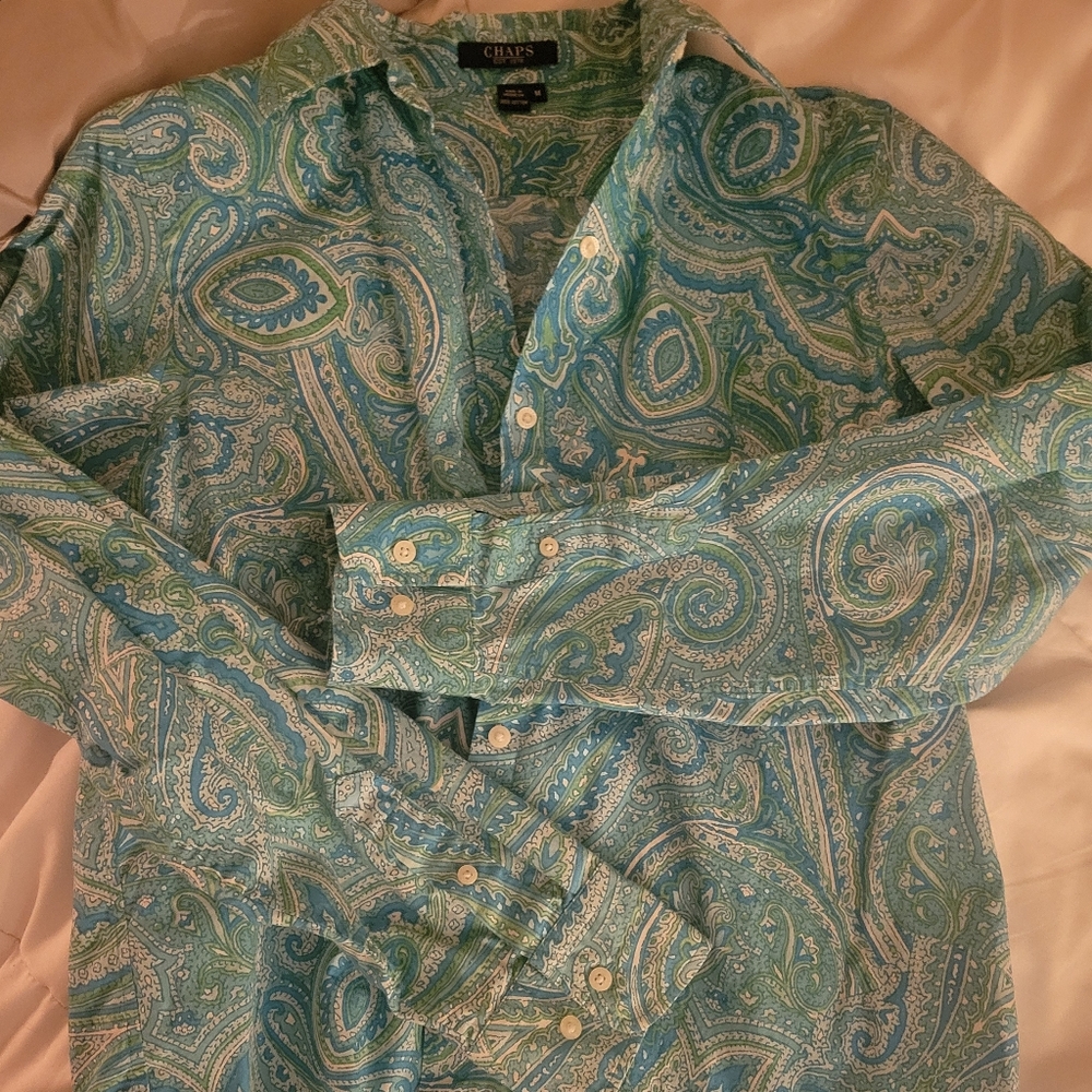 Chaps Men's/Womans Teal and Green Paisley Shirt